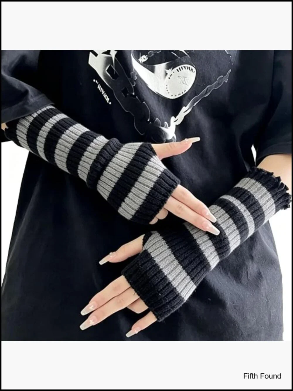Punk Striped Knit Fingerless Arm Warmers with Thumb Hole Goth Y2k Cosplay Gloves